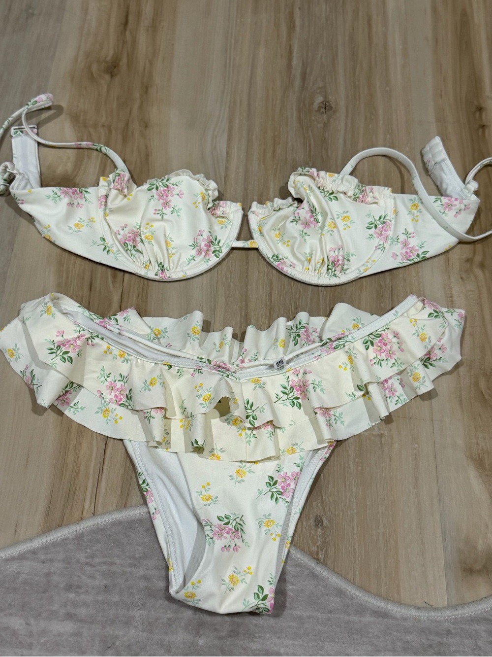 aerie Floral Ruffle Bikini Set - Cream with Pink & Yellow Flowers